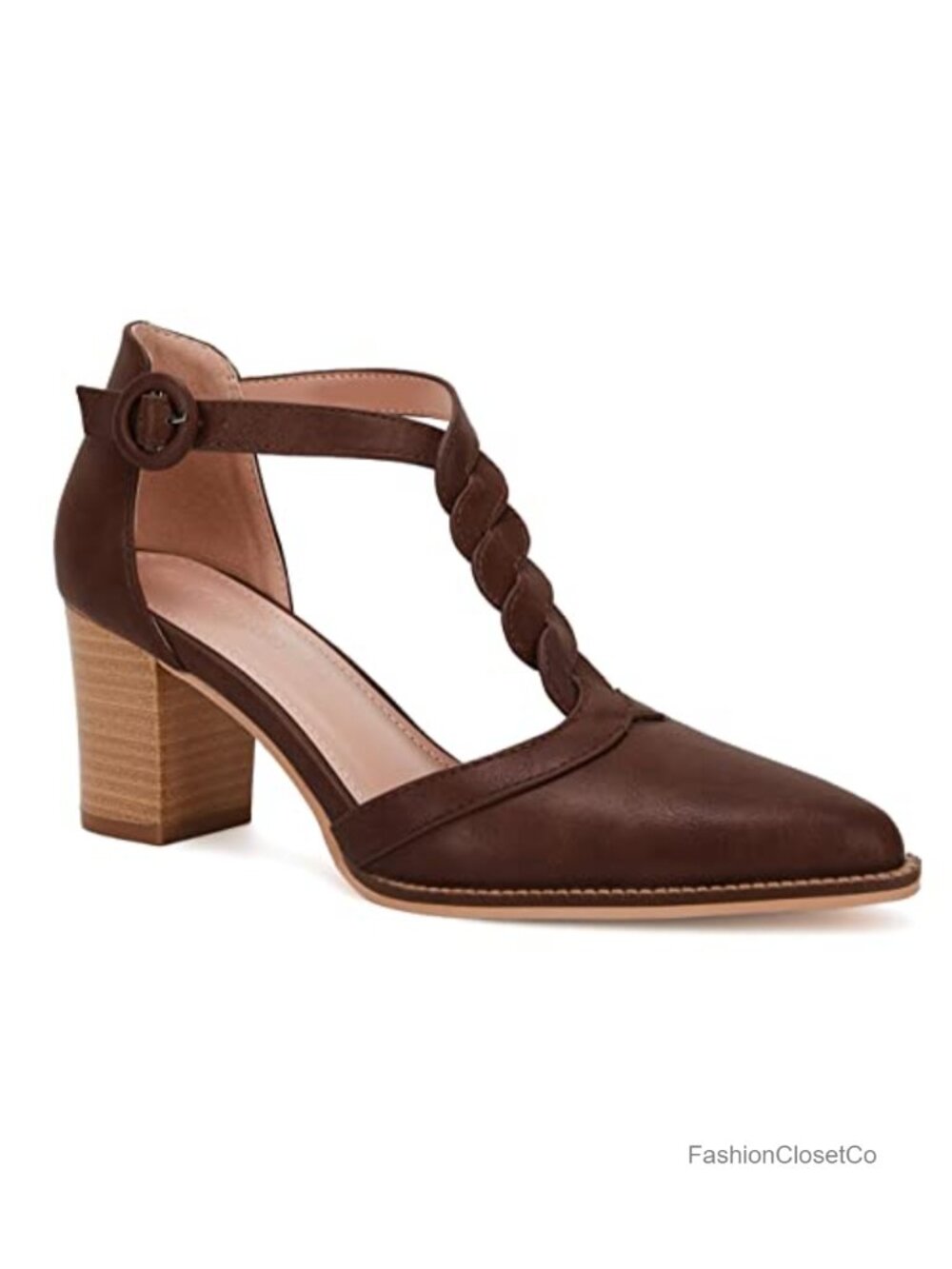 Coutgo Women's Block Heel T-Strap Pointed Toe Pumps Work Shoes Faux Leather